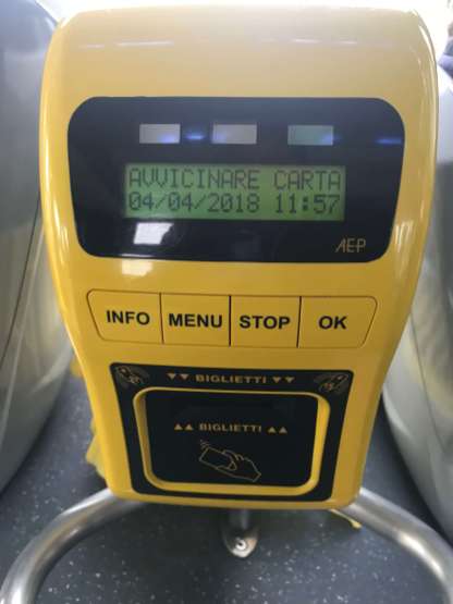 The yellow box scans cards swiped in front and stamps tickets that are inserted.